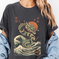 Sushi Riot Dragon Wave T Shirt and kids tshirt, Ukiyoe Style Graphic Tee 140 brown