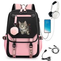 Mielas katės rašto kuprinė berniukui ir mergaitei paaugliui studentui mokyklinė kuprinė miela katės mokyklinė kuprinė USB Cat Backpack gray