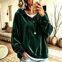 Women's Velvet Hooded Sweatshirt Casual Color for Fall Winter L dangaus mėlyna spalva
