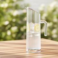 Acrylic Pitcher Shatterproof Beverage with Handle Lightweight Ribbed Water Carafe for Hosts, Transparent beige