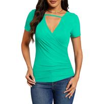 Women's Fashion New Summer Wrap Top Neckband V-neck Short Sleeve Sexy Cross-pleated T-shirt M blue