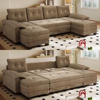 278 cm U formos miegamoji sofa, transformuojama kampinė sofa su ištraukiama lova, su USB įkrovimo funkcija, nuimamos porankių pagalvėlės, chaki 278 x 127 x 87 cm chaki