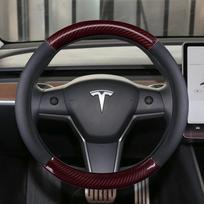 Anglies pluošto + natūralios odos automobilio vairo apdangalas Neslystantis, skirtas Tesla Model 3 2016 2018   Automobilių aksesuarai RED O SHAPE gray