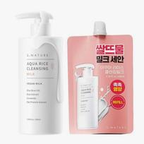 S.NATURE Aqua Rice Cleansing Milk Set – Gentle Hydrating Makeup Remover for Sensitive Skin (280ml + Refill 100ml) 280 ml + Refill 100 ml white