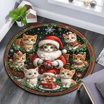 Cats and Santa Claus Round Area Rug,Carpet Rug for Living Room Bedroom Sofa Playroom Decor,Non-slip Floor Mat 80cmx80cm black