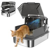 Stainless steel cat litter box with lid, XXL 72L for large cats and multiple cats, with double doors, scoop, pedal, and anti-leakage mechanism. juoda