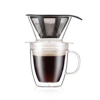 Bodum Pour Over Coffee Maker K11872-10SA 350ml Single-Cup Reusable Stainless Steel Filter Double-Wall Plastic Mug Microwave Dishwasher Safe gray