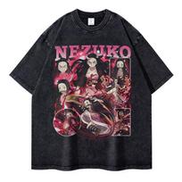 Nezuko T Shirts Vintage Washed Anime Kimetsu No Yaiba T-shirt Oversized Short Sleeve Demon Slayer Mitsuri Tokitou Tops Tees Men L gray