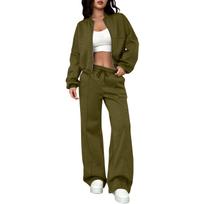 Women's Daily Color Cardigan Zipper Slim Fit Elastic Long Sleeved Two-piece Set S tamsiai violetine spalva