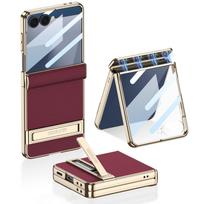 For Samsung Galaxy Z Flip 7 6 5 Phantom Plain Leather Magnetic Band Holder Drop and Anti Fingerprint Phone Case For Galaxy Z Flip 5 gray