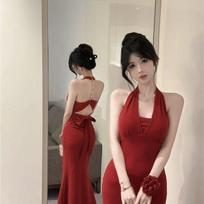 Summer solid color sexy Spice Girl style dress women's new strap backless slim neck medium and long fishtail dress XXL juoda