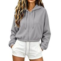 Women Zip Up Cropped Drawstring Hoodies Casual Long Sleeve  Jacket with Pockets Winter Fall Outwear Outfits L smėlis