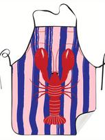 Red Lobster Print Kitchen Apron - Nautical Blue Pink Striped Chef Bib for Seafood Lovers Cooking 38x47cm red