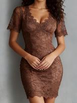 Amazon Europe and the United States new sexy V-neck lace see-through hip skirt, fashionable slim and thin dress XXL