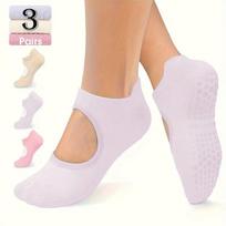 3 Pairs Non-Slip Grip Women's Pilates Yoga Socks Athletic Socks for Barre Ballet & Barefoot Workouts beige