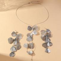 Niche Ginkgo Biloba Fringed Necklace Earrings, Sweet And Cool Design Sense Retro Metal Necklace Women beige