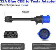 Hasa zone 3 kontaktų mėlynas Cee adapteris, skirtas Tesla Gen 2 mobiliajam įkrovikliui, nešiojamas Ev įkroviklio ilgintuvas į 240 V lizdą prie 32 A, suderinamas su Tesla Model 3/s/x/y