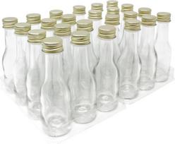 24 x 20 ml tušti stikliniai buteliukai su auksiniu užsukamu dangteliu su Epe sandarikliu, ant dviejų plastikinių dubenėlių, nepralaidūs, skaidrūs, skirti likeriams, snapsui, prieskoniams ir dekoravimui pildyti.