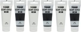 Pentart kreminiai akriliniai dažai 6 x 60 ml, vandens pagrindu, greitai džiūstantys, maišomi ir gerai dengiantys (matiniai, juodi ir balti)
