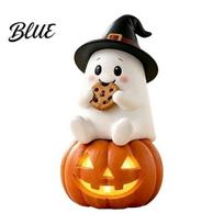 LED Night Light Figurine Lighted Halloween Ghost Figurine Spooky Resin Witch on Pumpkin/Holding Lantern Glowing Pumpkin Decoration Statue with A beige