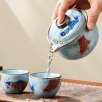 High-temperature Resistant in-glaze Color Tea Set, Gold Arowana Teapot, Teacup Gongfu Teaware Host Cup Ice Crack Pattern Tea Set gray