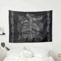 Pilkas vikingų odino kirvis, kardas, varnos, kryžiaus mazgo tatuiruotė, sieninis gobelenas, paslaptingas sienų menas svetainei, 200 x 150 cm