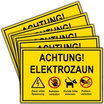 5 vnt. pakuotė – 'atsargiai, elektrinis aptvaras' ženklas (20 x 14 cm – 3 mm plastikas) – 'dėmesio, elektra ir šėrimas draudžiami' kiekvienam ganyklos aptvarui – 'negalima įeiti prie elektrinio aptvaro'