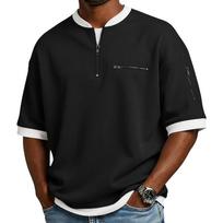 Men's Casual Vintage Short Sleeve T-Shirts Fashion Patchwork Loose Cotton Tshirt Men Half Zipper Streetwear Breathable Tees Tops L