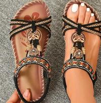 Bohemian  Slip on Sandals Women Thong Toe Summer Flat Shoes Large Size 43 Round Toe Rhinestone Gladiator Sandals 35 brown