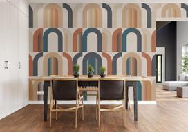 Rasch tapetai 363920 - fototapetai ant neaustinės medžiagos su geometriniu arkos raštu mėlyna, smėlio ir raudona spalvomis iš kolekcijos Magicwalls - 3.00 m x 2.65 m (i x P)