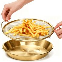 New Gold‑Plated Heavy‑Duty Stainless Steel Fry Basket With Drip Tray,Stackable Round Mesh Basket for Frying,Blanching Vegetables yellow