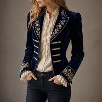 Women's Long Sleeve Velvet Coat with Embroidered Patchwork in Color XL tamsiai mėlyna