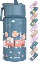 Bearfoot vaikiška nerūdijančio plieno gertuvė su šiaudeliu - termosas 400 ml - be Bpa - nepralaidi - gertuvė vaikams, mergaitėms ir berniukams į mokyklą, darželį (mėlyna - gaisrinė)