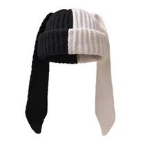 Žieminė megzta kepurė su ilgomis zuikio ausimis, kontrastingos spalvos, unisex, stora, šilta, labai tampri, vėjui atspari galvos apdangalas, kepurė šaltam orui juoda balta spalva