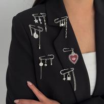 Gothic Safety Pin Brooch Set, Silver Tone Evil Eye Heart & Star Pendant Lapel Pins for Women, Punk Style brown