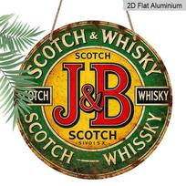 2D Flat, 1pc Round Aluminum J&B Scotch Whisky Vintage Metal Sign, Retro Distressed Green & Yellow Logo Print, Waterproof Rust-Proof Wall Plaque 7.87×7.87inch yellow