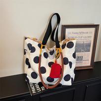 Large Capacity Polka Dot Tote Bag Korean Lazy Style Canvas Shoulder Bag Lightweight Stylish Shopping Handbag Casual Commuter Bag gray