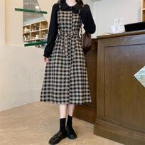 Hong Kong-style retro chic plaid dress women's medium and long autumn and winter new long-sleeved fake two-piece long skirt 2XL chaki