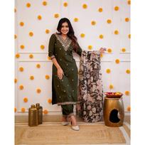 Suppar Sleave Women' Viscose Rayon Embroidered Straight Kurta With Pant And Dupatta Sets (Minakshi0 ) XL žalia
