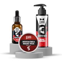 Beardo Vyriškas priežiūros rinkinys: Barzdos prausiklis, Barzdos aliejus, Ūsų vaškas, Drėkinantis formavimo priemonė, Nelipnus, Barzdos priežiūros rinkinys, 3 vnt. pakuotė black