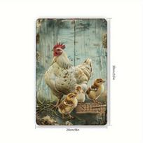 Vintažinis sodybos metalinis sienų menas Višta su viščiukais ir gaidžiu Dizainas x Coliai Rustic Vištos Dekoracija Virtuvei Kavinei Šedevrui 20x30cm（7.8x11.8inch） beige