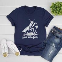 Girls Will Be Girls T-Shirt Praying Mantis Tee Funny Insect Shirt Women Short Sleeve Graphic T Shirts Insect Lover Gift XXL tamsiai pilka spalva