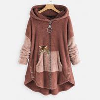 Su gobtuvu Kailinis Striukė Moteriškas Gobtuvinis megztinis Daugia spalvų Katės spaudinys Užtrauktukas Storas Viršutinis drabužis Streetwear Moteriškas Rudens Žiemos Viršutinis drabužis 2XL black