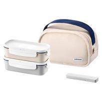 LocknLock Daily Cotton Rectangular 2-Tier Lunch Box with Chopsticks and Bag Ivory Set 1 Set (Ivory, 2-Tier) white