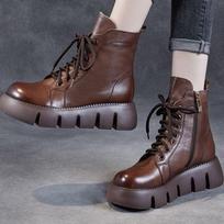 Autumn Winter Platform Fleece-Lined Woman Short Shoes Leather Round Toe Lace-up Ankle Boots for Women Trend 2025 Goth Booties 35 gray