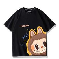 Women's Cotching Cute Cartoon Labubu Anime Printed Round Neck Women's Short Sleeve T-shirt Loose Summer Casual Couple Top 140 black