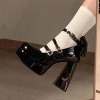 Y2k Chunky Platform Aukštakulniai Pompos Moteriški Spring Punk Stori Kulnai Mary Jane Lolita Batai Moteriški lakinės odos Cosplay Batai 34 juoda