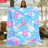 Cute Pastel Teddy Bear Rainbow Blanket, Soft Fluffy Cloud Pattern Throw for Sofa Bed, Cozy Fleece Decor Gift for Girls & Kids 75cm*90cm blue