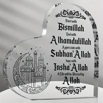 2D Flat, 1pc Islamic Acrylic Desktop Decor Ornament - Heart Shaped Elegant Eid Mubarak Logo with Arabic Ramadan Theme - Inspirational Start And End wi 10x10cm white