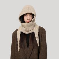 Moteriškas žieminis gobtuvėtas šalikėlis, megztas vientisas kepurė-balaklava su ausų apsauga, šilta vilnos mišinio kepurė 1pc Winter Hooded Scarf šviesiai pilka spalva